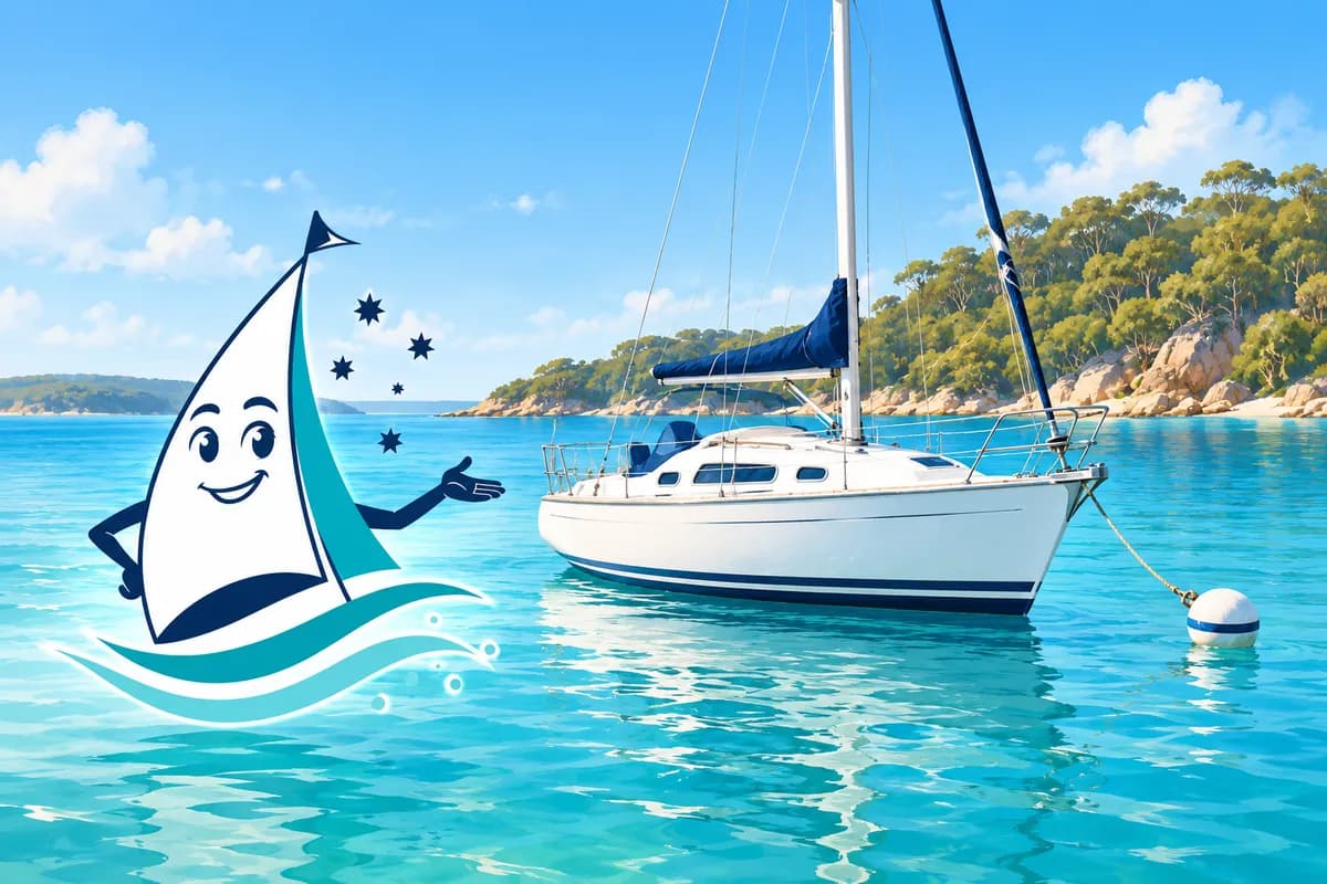 Saily introducing a white sailing yacht on calm coastal water