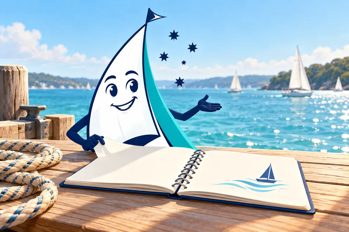 Saily with an illustrated sailing notebook and coiled rope