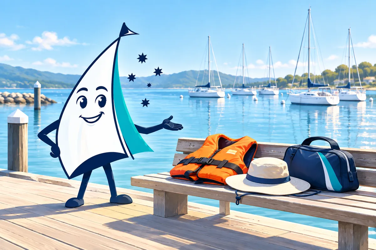 Saily beside a lifejacket, sun hat and sailing bag at a marina