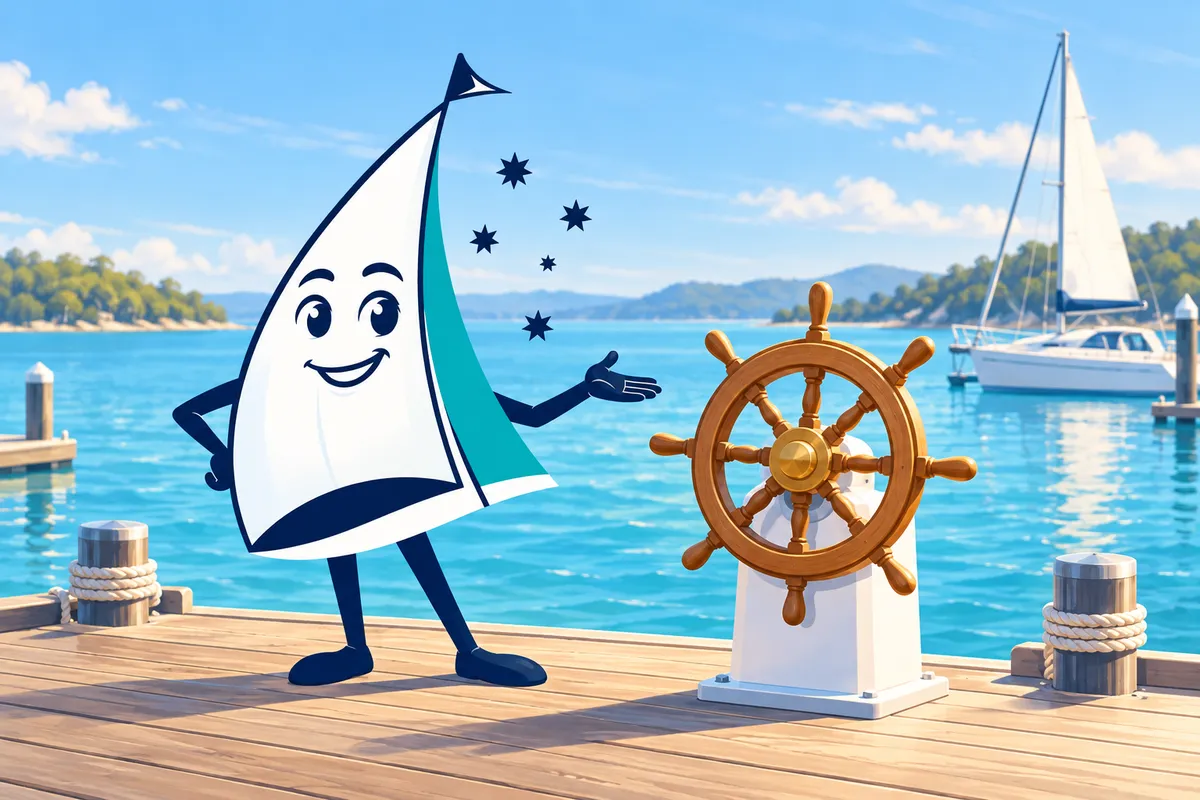 Saily presenting a nautical steering wheel at a marina