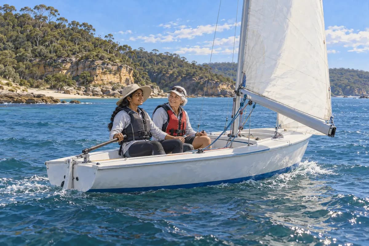 Two women learning to steer a small sailing boat beside a gum-covered shoreline.
