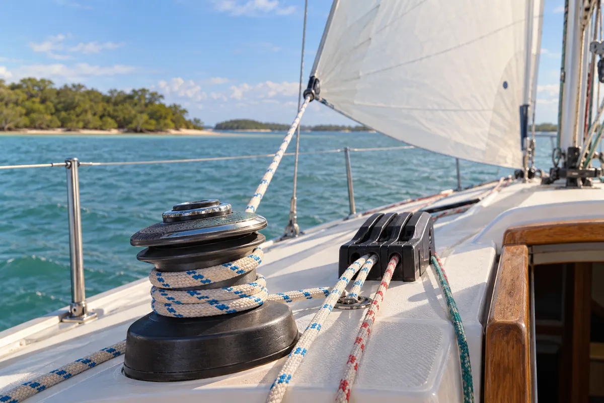 Close view of a sail-trimming winch and rope controls overlooking a sheltered bay.