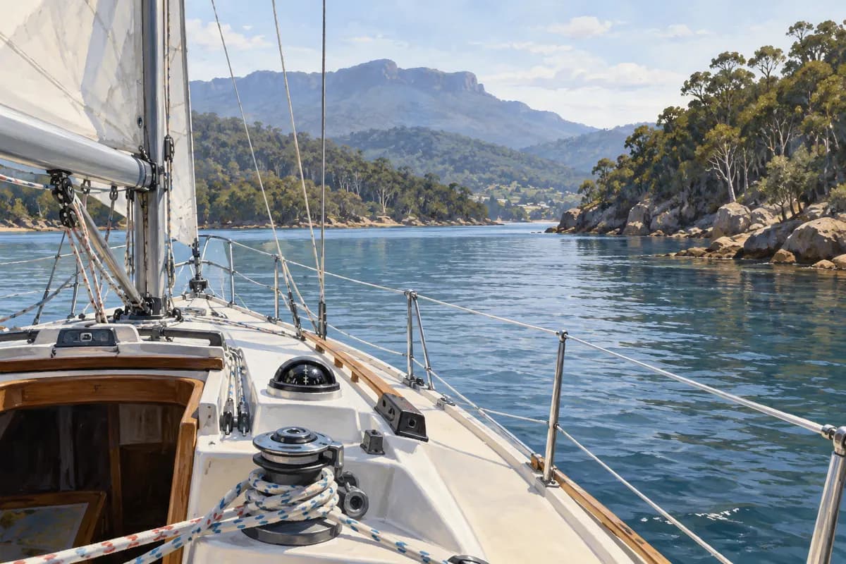 View from a cruising yacht towards a wooded inlet and mountain ridge.