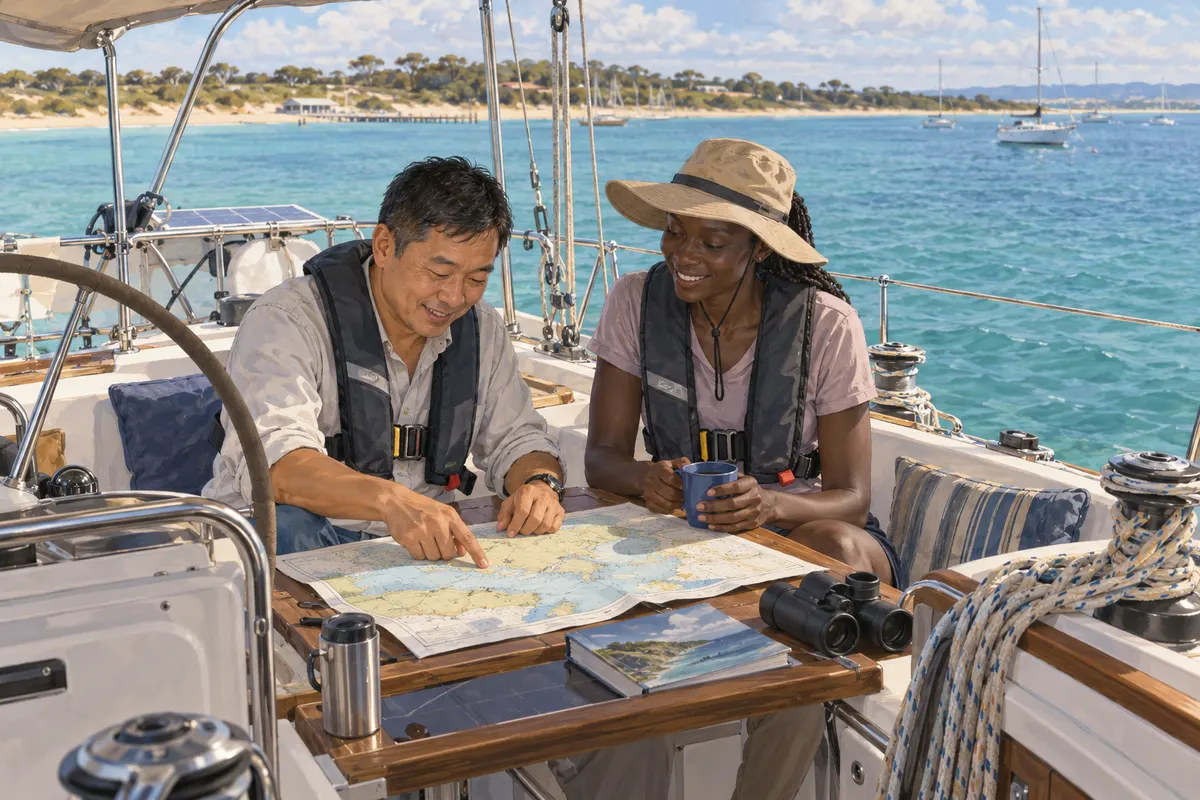 Two sailors planning an island cruise over a cockpit chart.