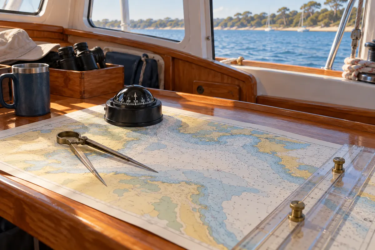 Nautical chart, dividers, parallel ruler and compass on a navigation table.