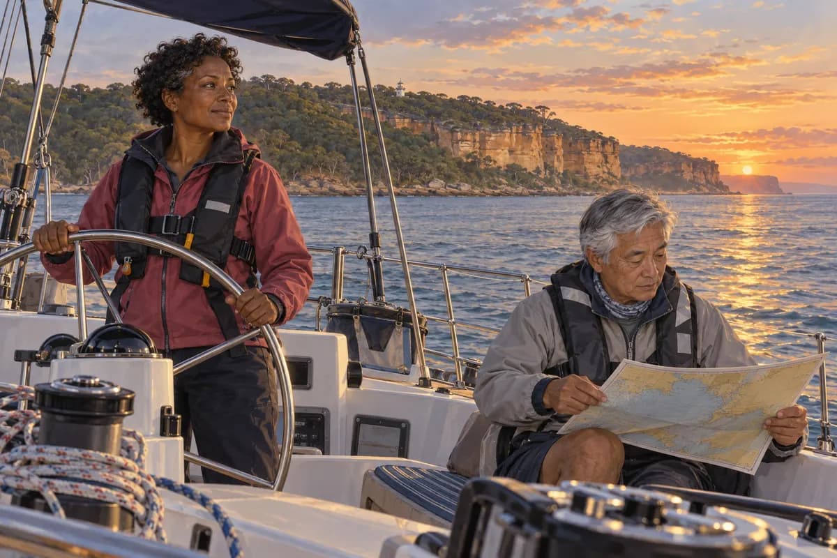 Two sailors keeping watch and reviewing a chart beside a sandstone coast at dusk.