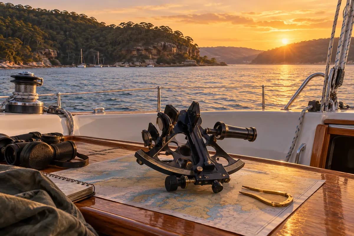 Sextant and chart on a yacht table in warm coastal evening light.
