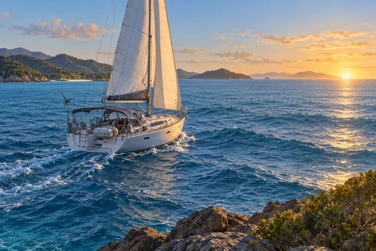 Cruising yacht under sail beside island headlands at sunrise.
