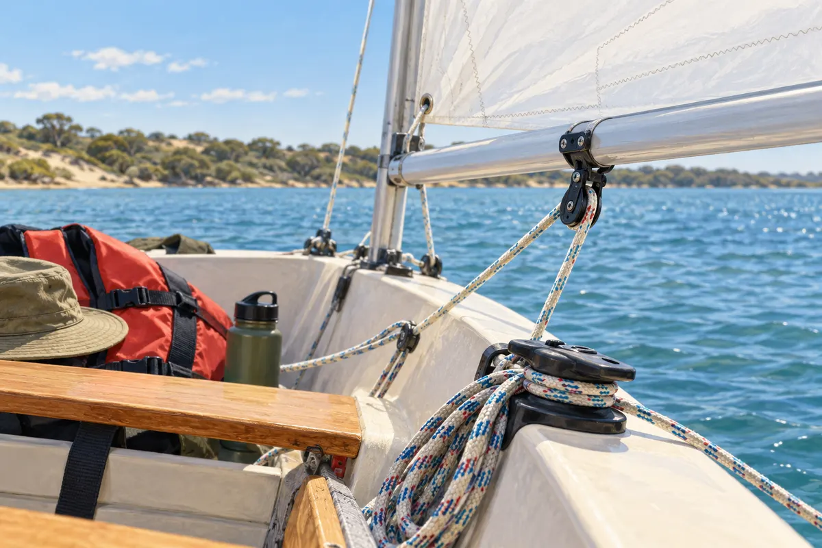 Small sailing boat cockpit with tiller, sail controls and a lifejacket.