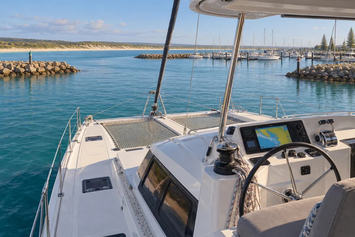 Cruising catamaran helm and foredeck overlooking a sheltered marina.