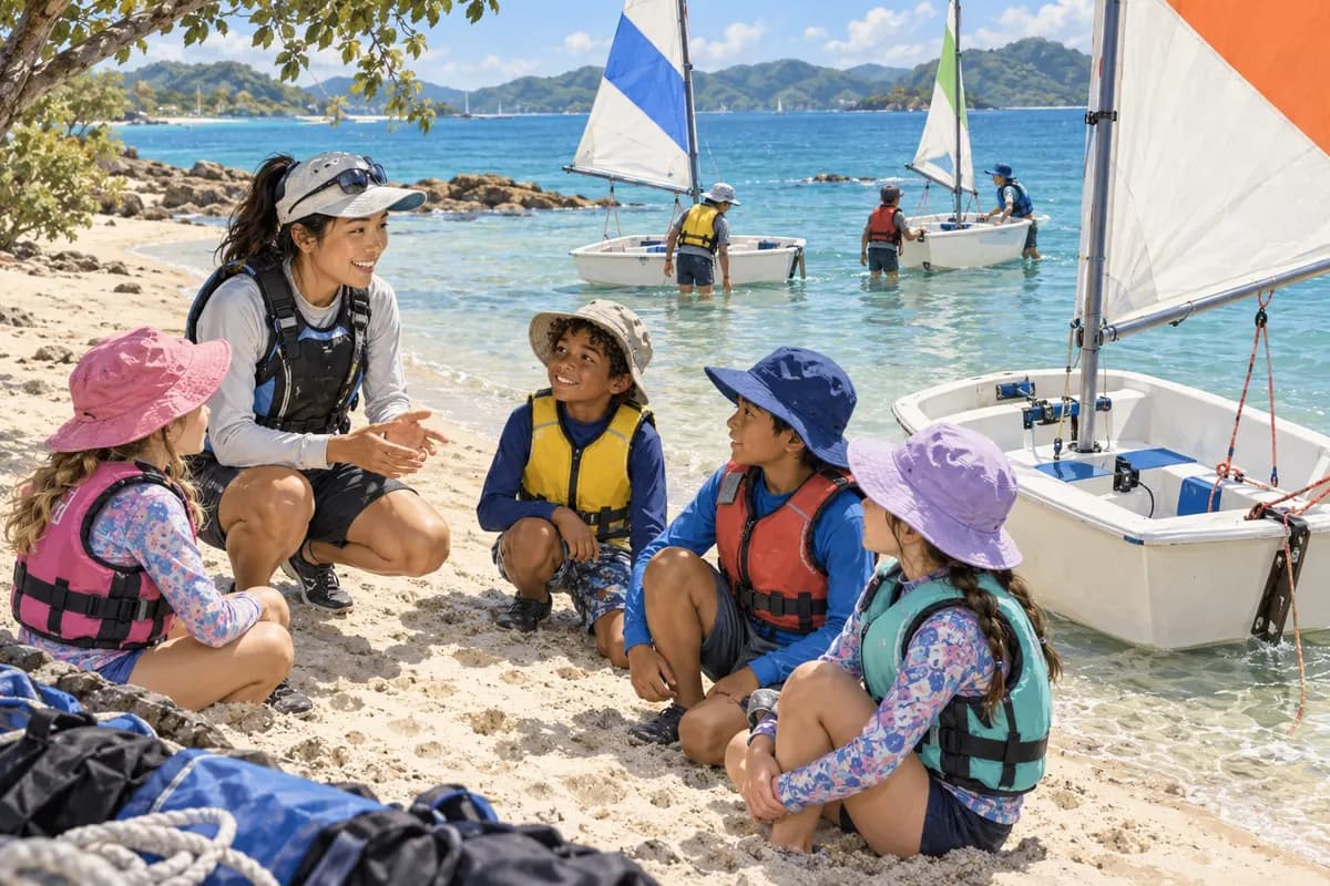 Children wearing lifejackets and sun hats learning with an instructor beside beach-launched dinghies.