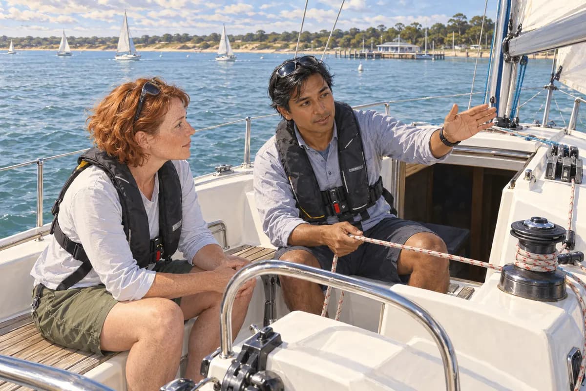 An adult learner and instructor discussing sail controls aboard a yacht.