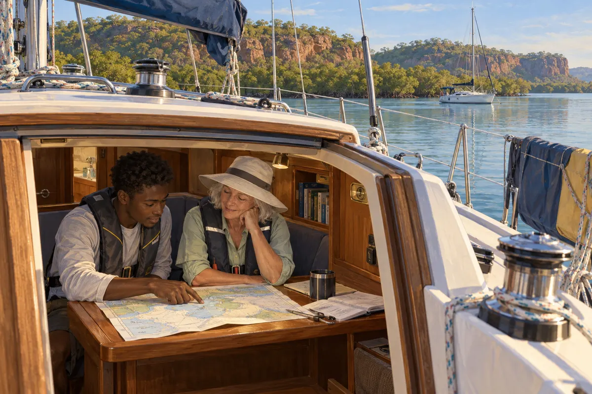 Two sailors discussing a chart below deck while anchored near a wooded coast.