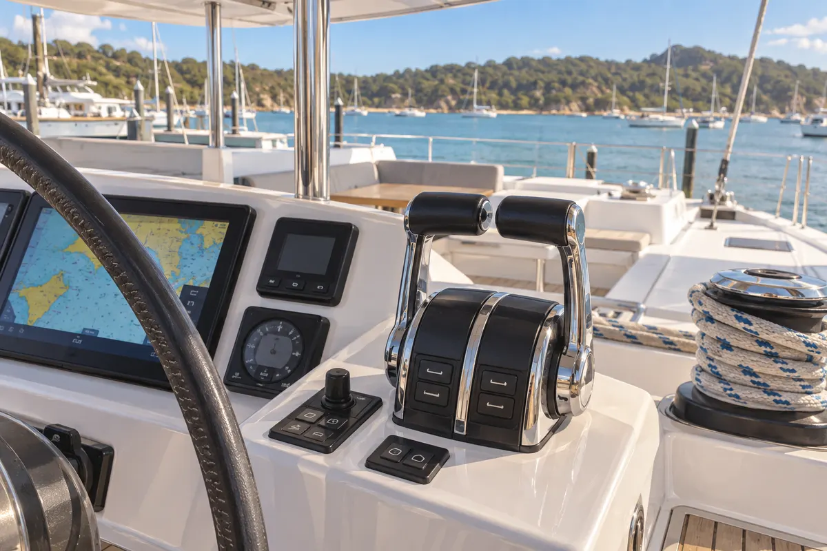 Close view of twin-engine controls at a cruising catamaran helm.