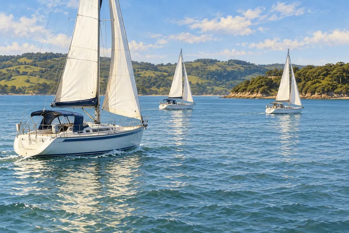 Three cruising yachts sailing comfortably apart in a sheltered bay.