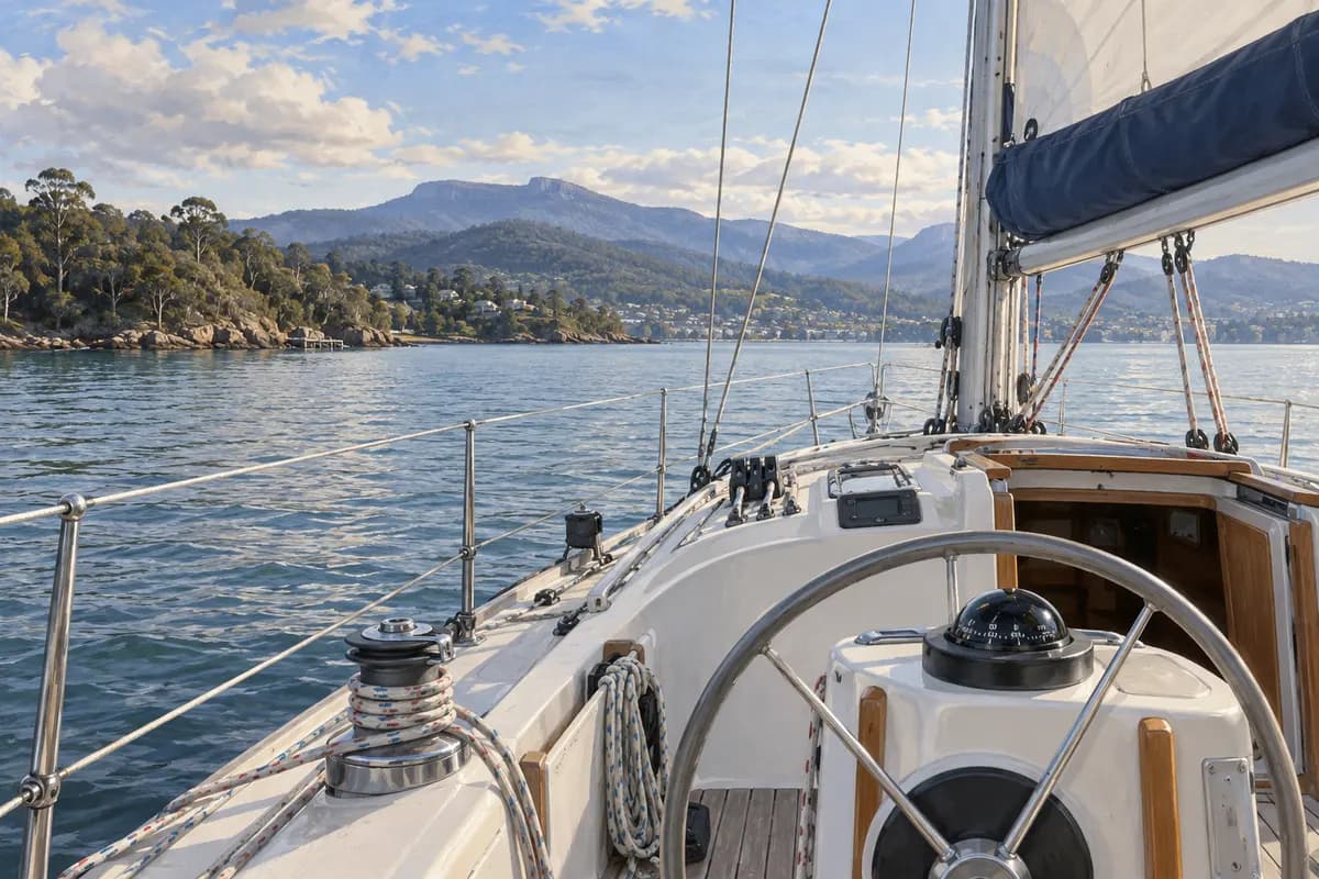 Yacht helm and cockpit overlooking sheltered water and distant hills.