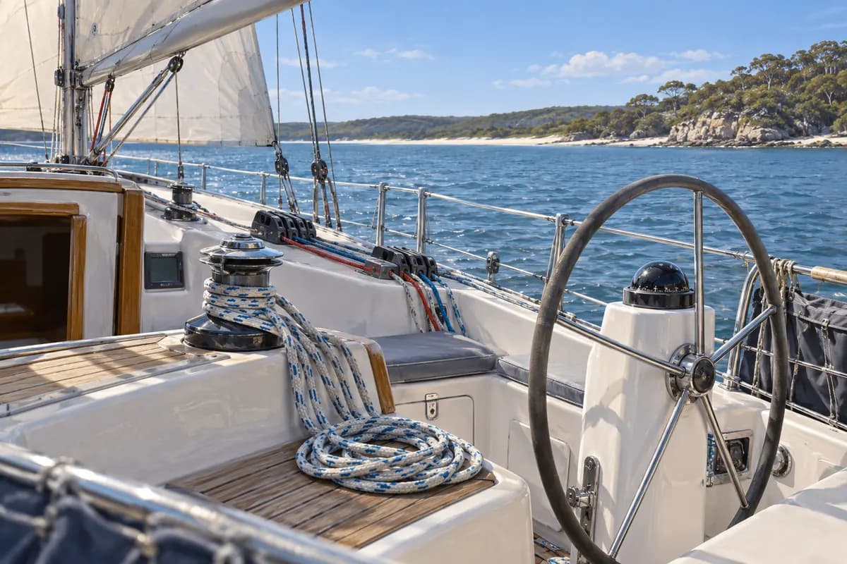 Yacht cockpit showing a steering wheel, winches and neatly coiled rope.