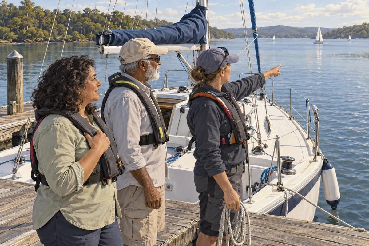 Learners and an instructor discussing a yacht from a lakeside pontoon.