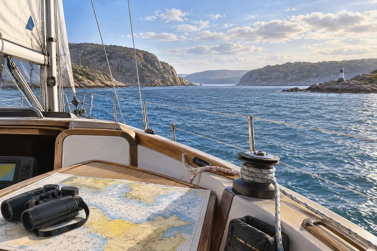 Chart and binoculars in a yacht cockpit overlooking a coastal approach.