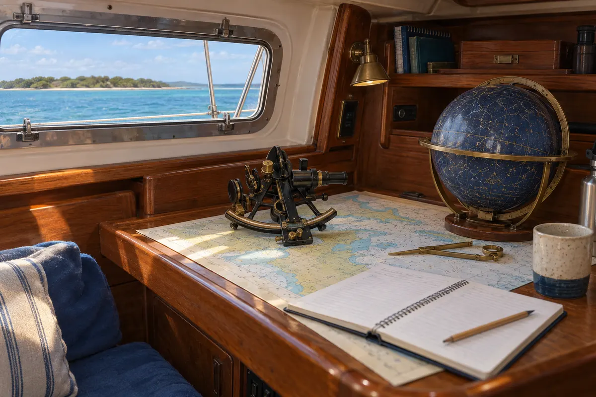 Sextant, celestial globe and notebook on a yacht navigation table.