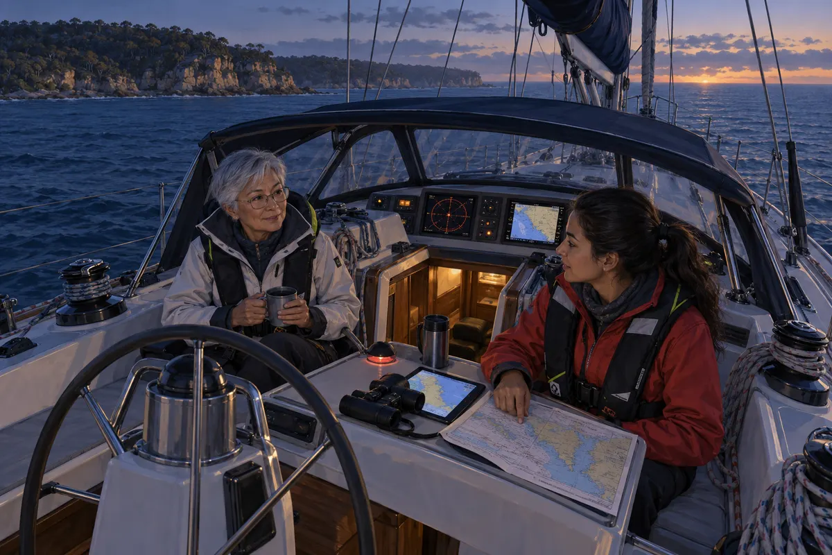 Two women discussing watchkeeping in a protected yacht cockpit at dawn.