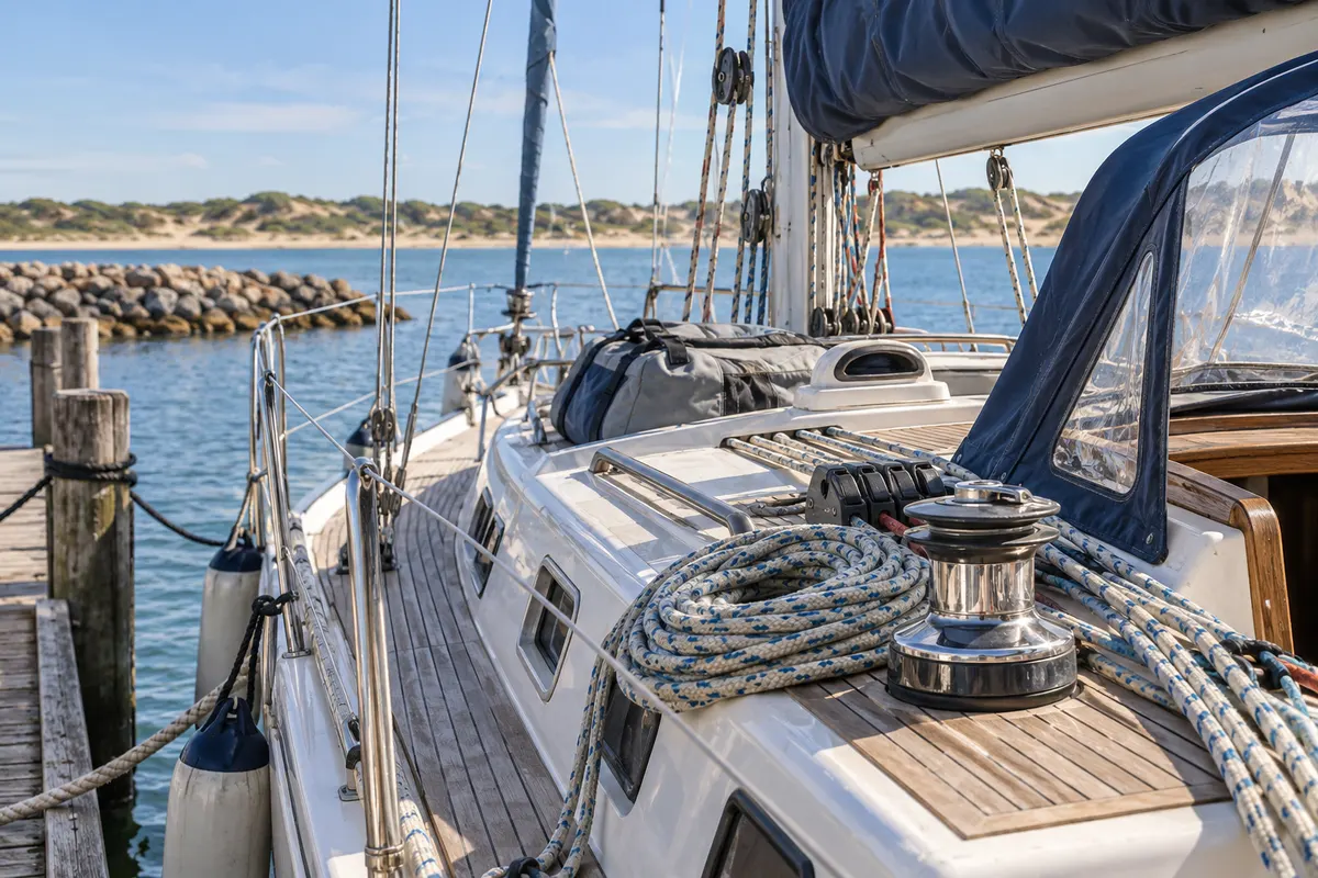 Coiled lines and deck equipment on a cruising yacht moored at a pontoon.