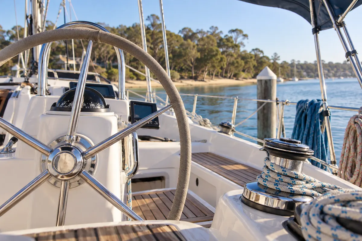Close view of a moored yacht's wheel, compass and winch.