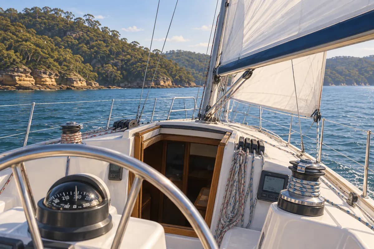 Cruising yacht cockpit and sails beside a sheltered sandstone shoreline.