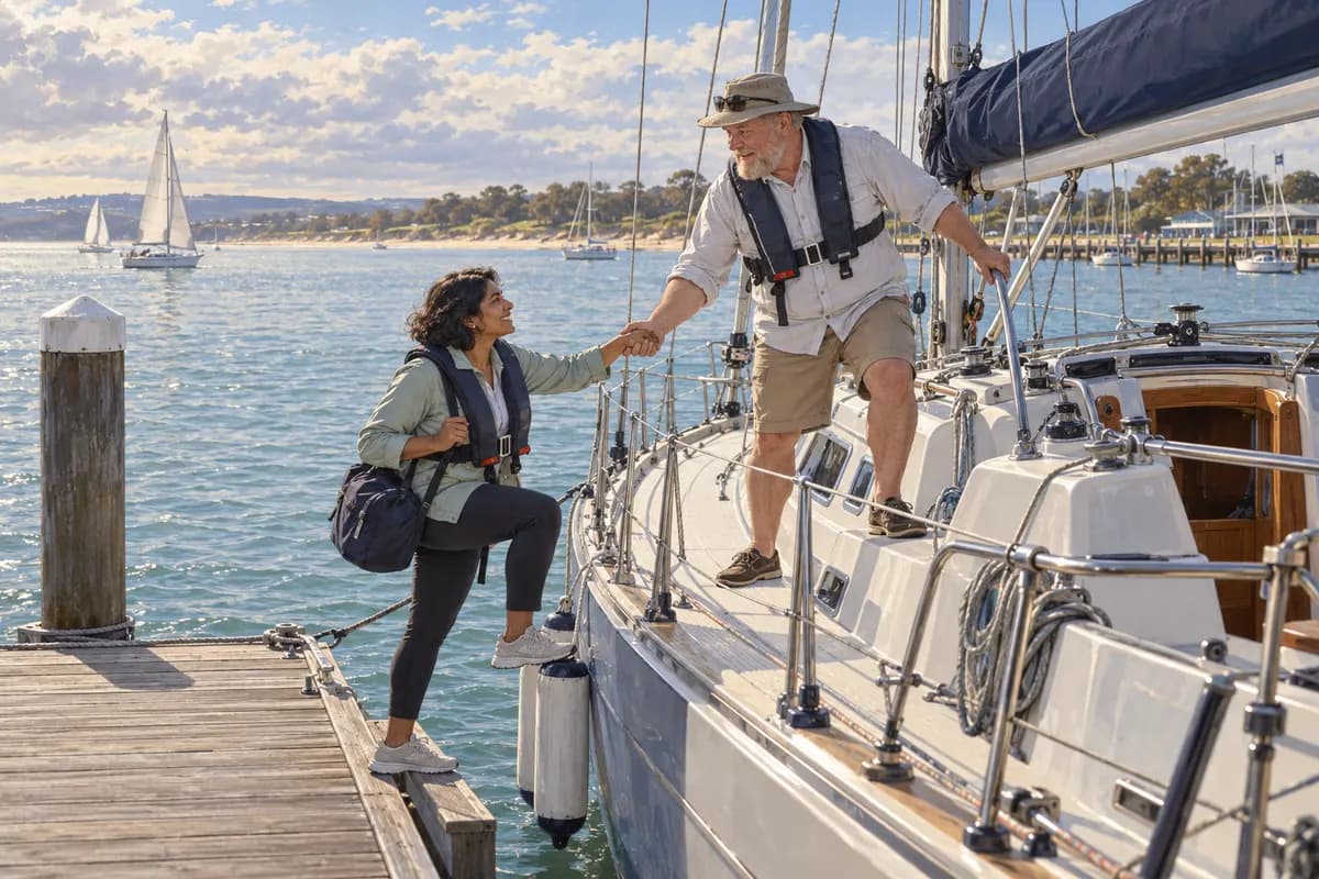 An instructor welcoming a learner aboard a moored cruising yacht.