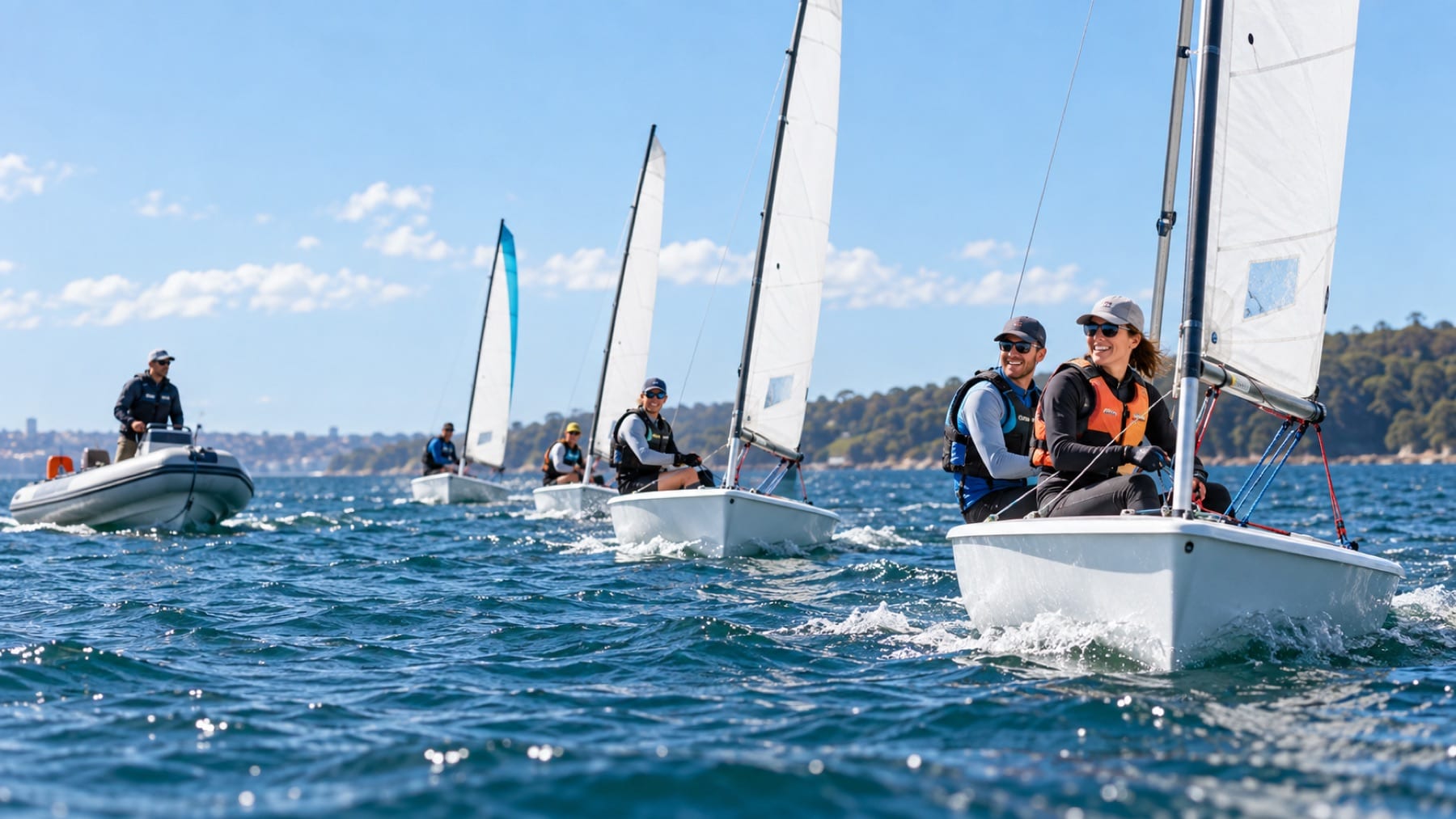 A dinghy fleet training on sheltered water