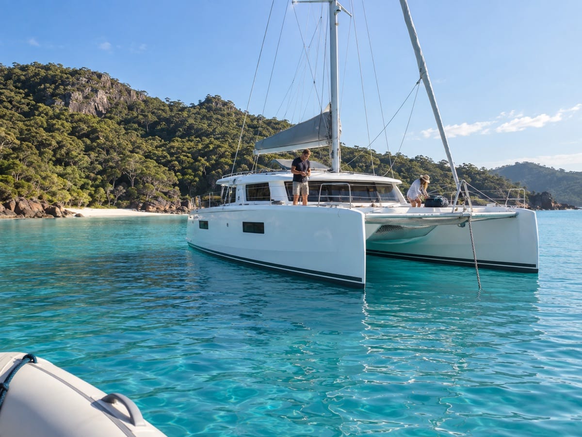 A cruising catamaran at anchor